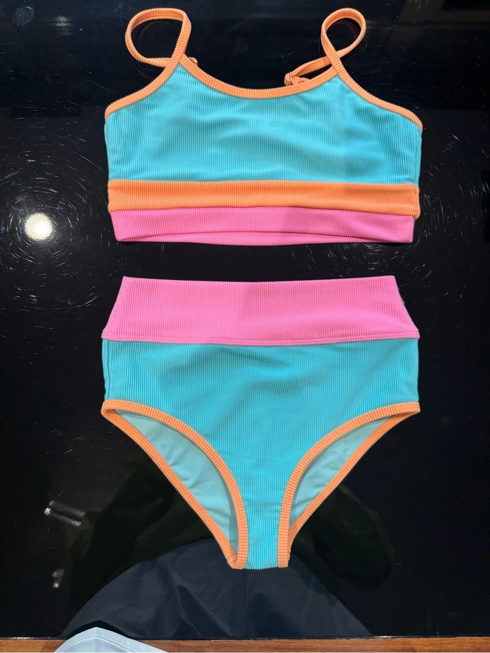 Girls’ Beach Riot Colorblock High-Waist Bikini Set - Aqua, Pink & Orange Trim